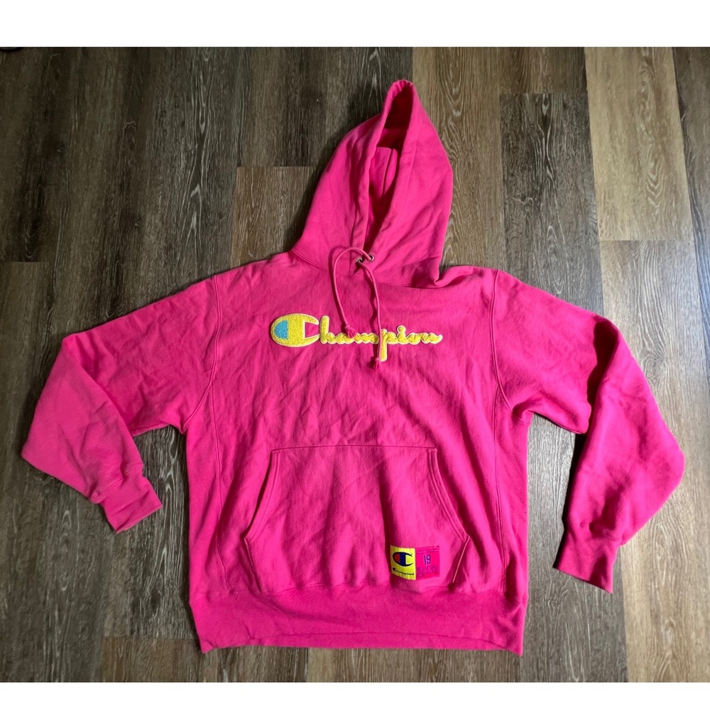 Champion Reverse Weave Hoodie Mens Large Pink Chenille Logo Sweatshirt 2427